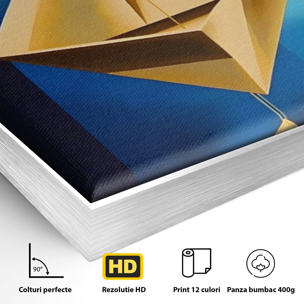 Detaliu al suprafetei: tablou canvas cu amuleta geometrica auriu si albastru, in rama de aluminiu argintiu